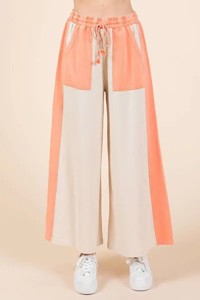 Khaki/Coral Color Block Wide Leg  Pants