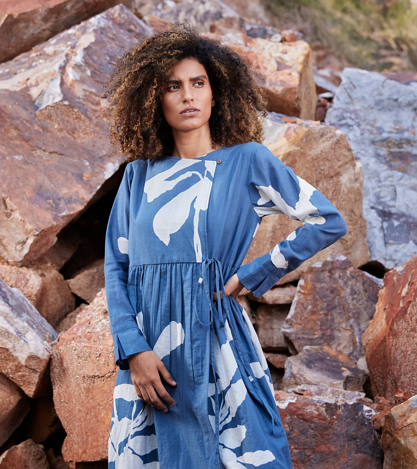 Khara Kapas Distant Cloud Dress 100% Cotton  Blue and off-white KW652
