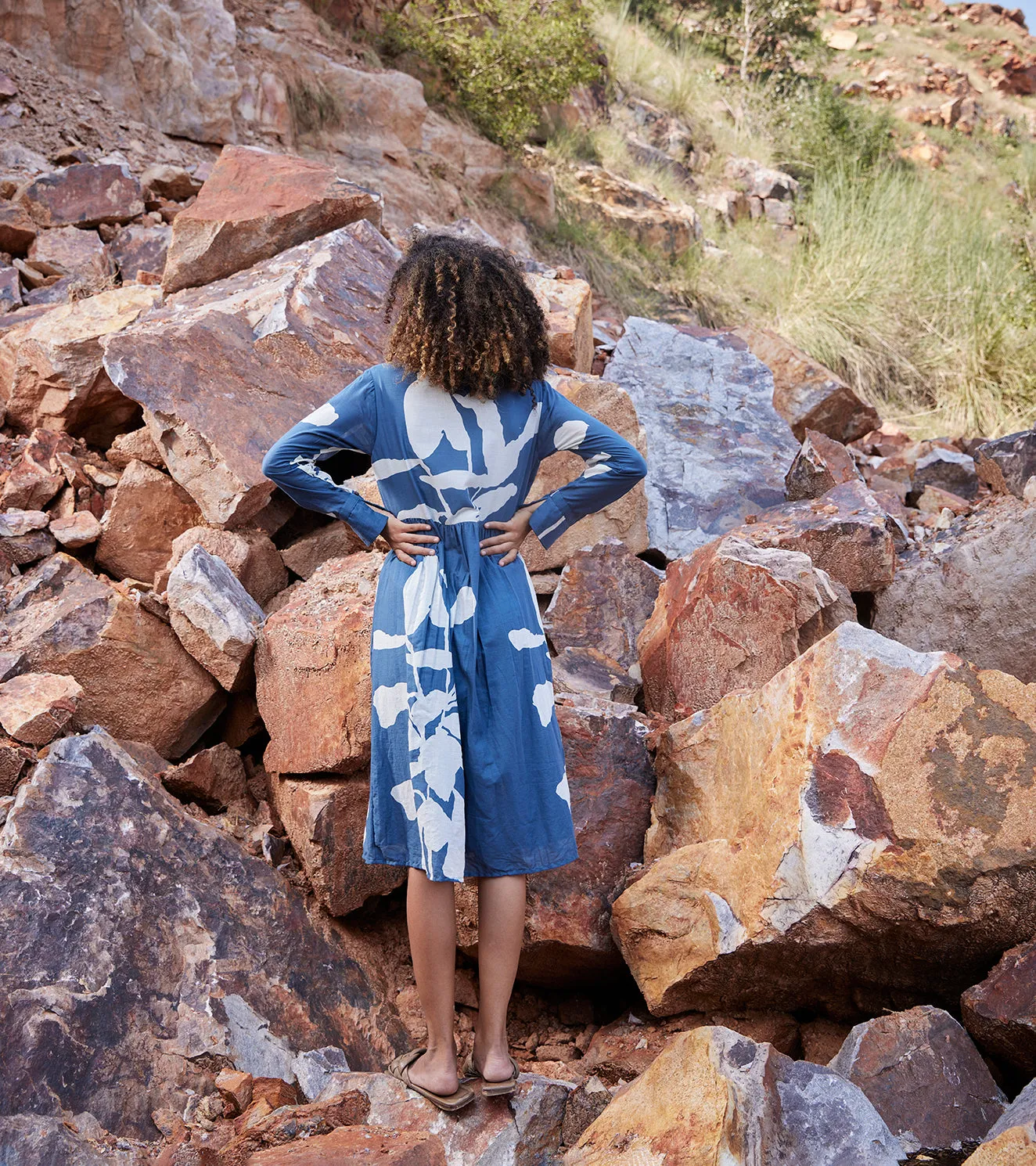 Khara Kapas Distant Cloud Dress 100% Cotton  Blue and off-white KW652