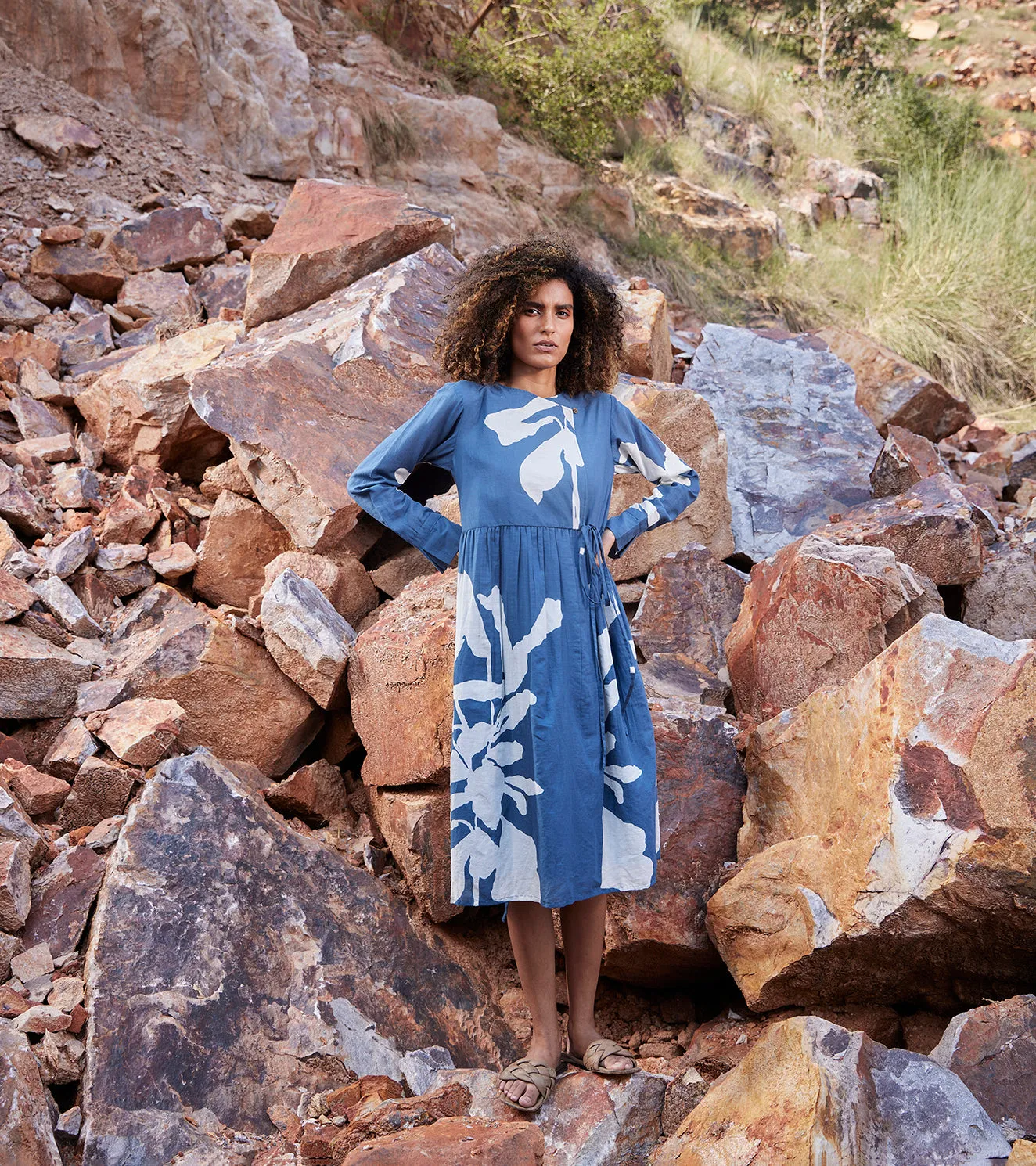 Khara Kapas Distant Cloud Dress 100% Cotton  Blue and off-white KW652