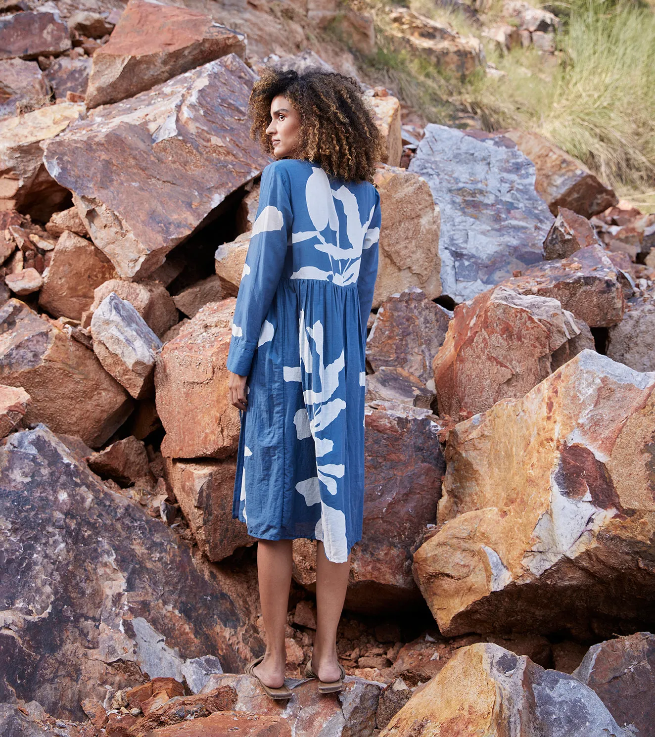 Khara Kapas Distant Cloud Dress 100% Cotton  Blue and off-white KW652