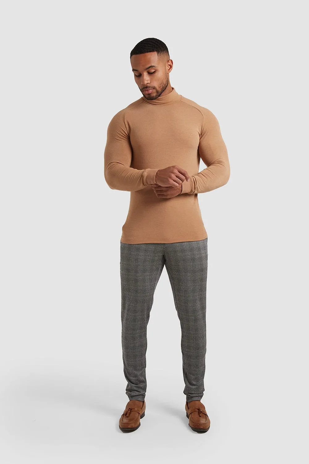 Knit Look Jersey Roll Neck in Camel