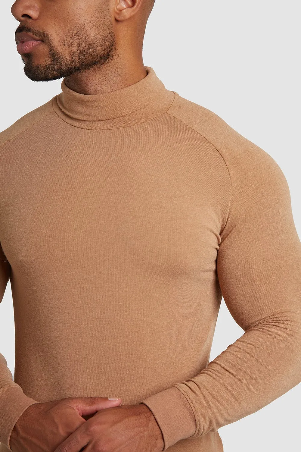 Knit Look Jersey Roll Neck in Camel