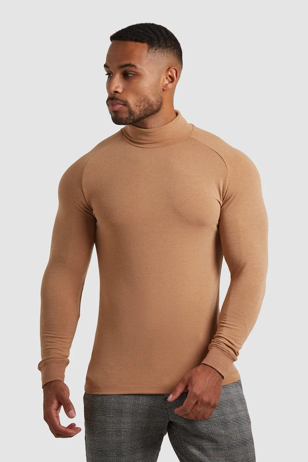 Knit Look Jersey Roll Neck in Camel