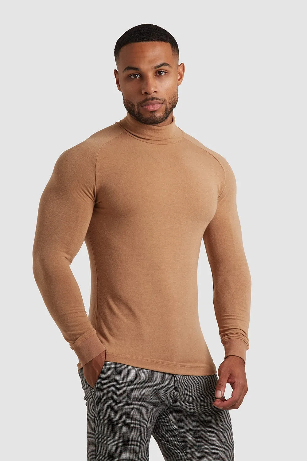 Knit Look Jersey Roll Neck in Camel