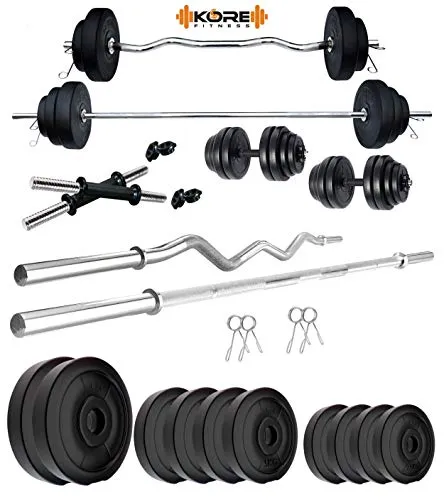 Kore PVC 50 Kg Home Gym Set With One 5 Ft Plain   One 3 Ft Curl Rod And One Pair Dumbbell Rods, Multicolour
