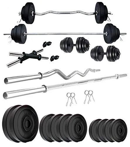 Kore PVC 50 Kg Home Gym Set With One 5 Ft Plain   One 3 Ft Curl Rod And One Pair Dumbbell Rods, Multicolour