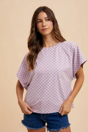 Lavender Checkered Round Neck Short Sleeve T-Shirt
