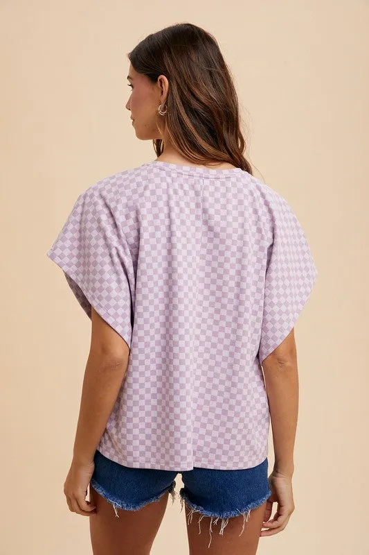 Lavender Checkered Round Neck Short Sleeve T-Shirt