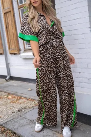 Leopard print color-block set with wide-leg pants.