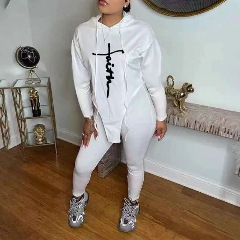 Letter Print Long Sleeve Hoodie Top & Pants Set