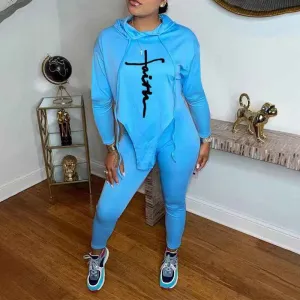 Letter Print Long Sleeve Hoodie Top & Pants Set