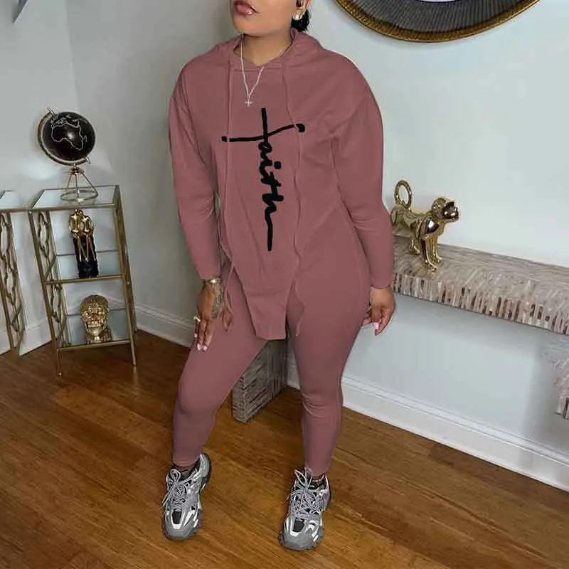 Letter Print Long Sleeve Hoodie Top & Pants Set