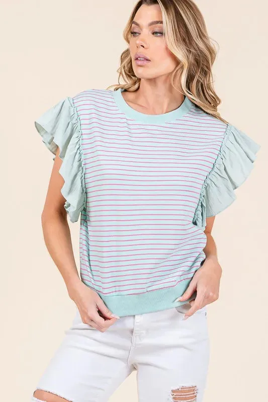 Lime 'N' Chili Striped Contrast Ruffle Detail Sleeveless Top