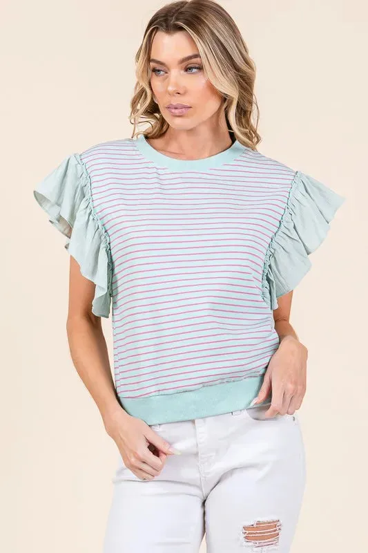 Lime 'N' Chili Striped Contrast Ruffle Detail Sleeveless Top