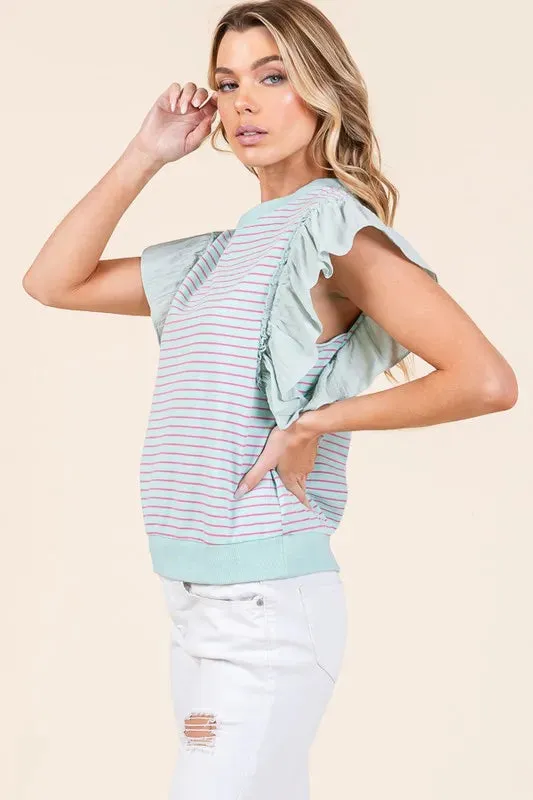 Lime 'N' Chili Striped Contrast Ruffle Detail Sleeveless Top