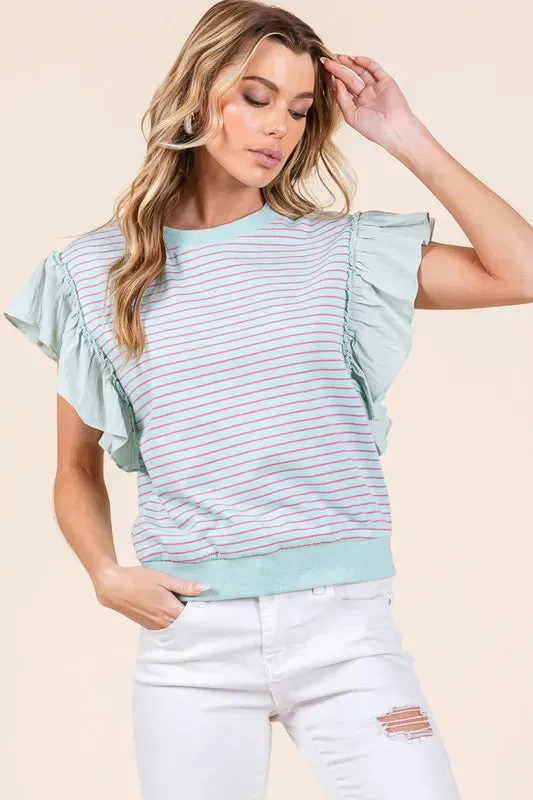 Lime 'N' Chili Striped Contrast Ruffle Detail Sleeveless Top