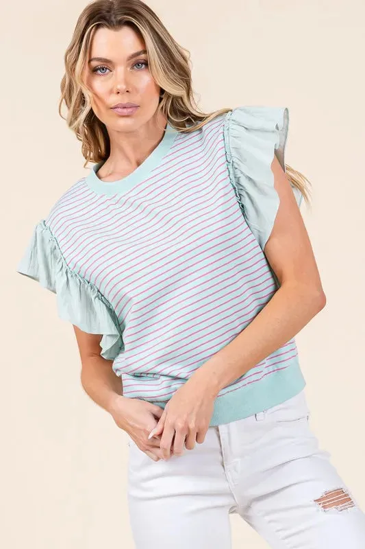 Lime 'N' Chili Striped Contrast Ruffle Detail Sleeveless Top