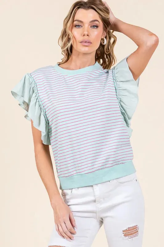 Lime 'N' Chili Striped Contrast Ruffle Detail Sleeveless Top