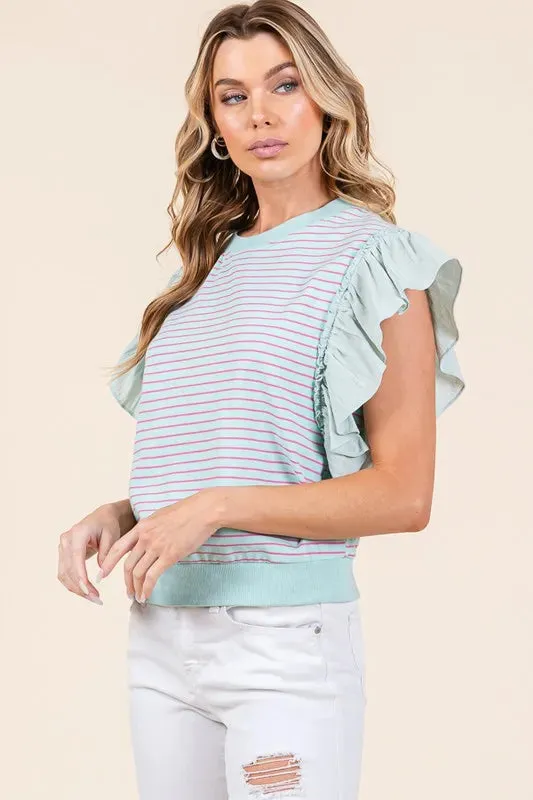 Lime 'N' Chili Striped Contrast Ruffle Detail Sleeveless Top