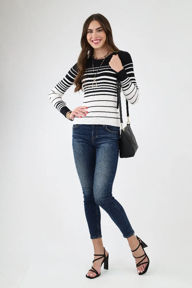 Long Sleeve Striped Knit Sweater - Black