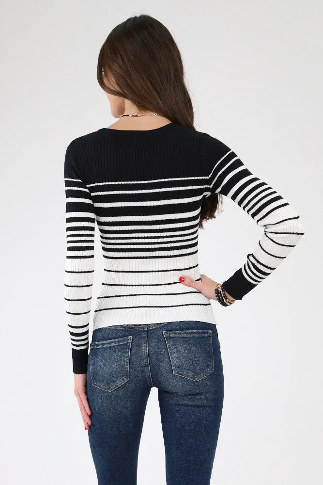 Long Sleeve Striped Knit Sweater - Black
