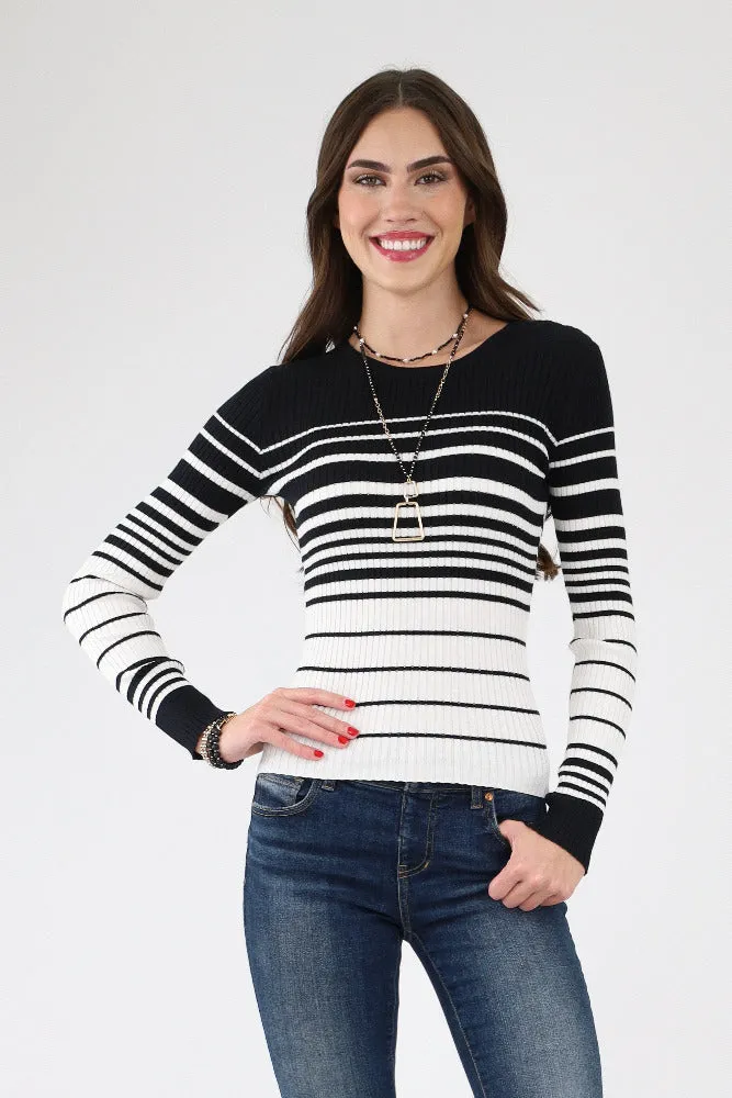 Long Sleeve Striped Knit Sweater - Black
