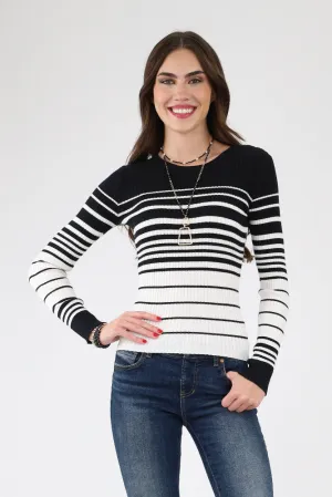 Long Sleeve Striped Knit Sweater - Black