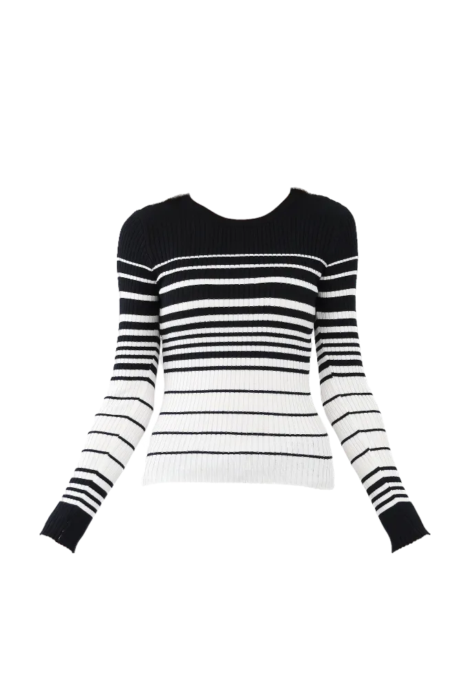Long Sleeve Striped Knit Sweater - Black