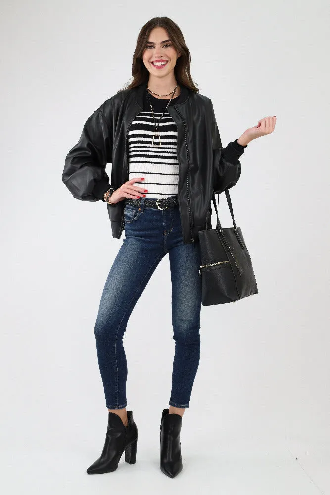 Long Sleeve Striped Knit Sweater - Black