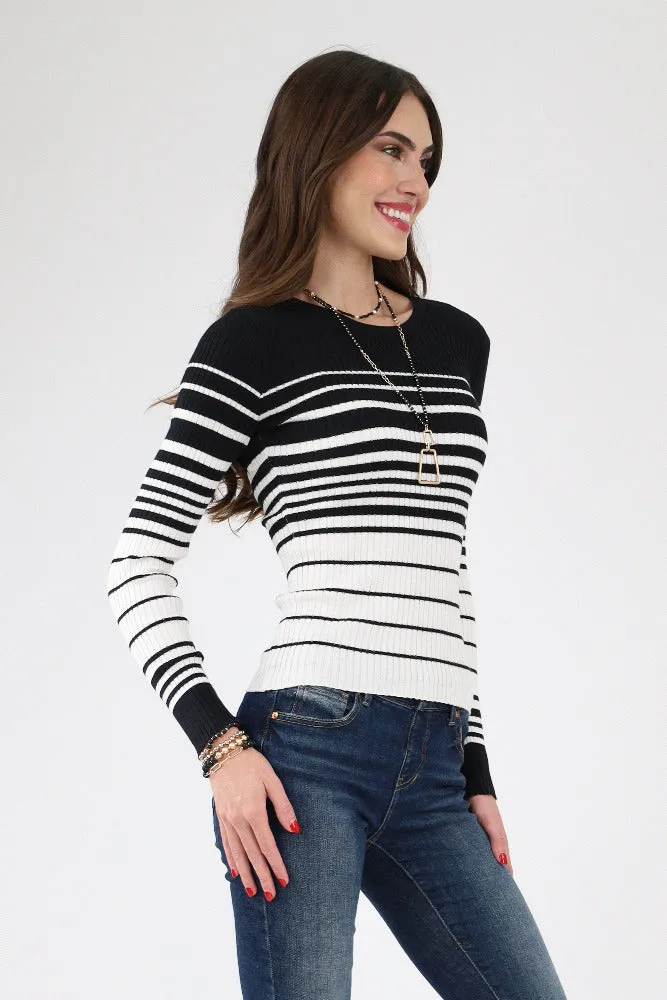 Long Sleeve Striped Knit Sweater - Black