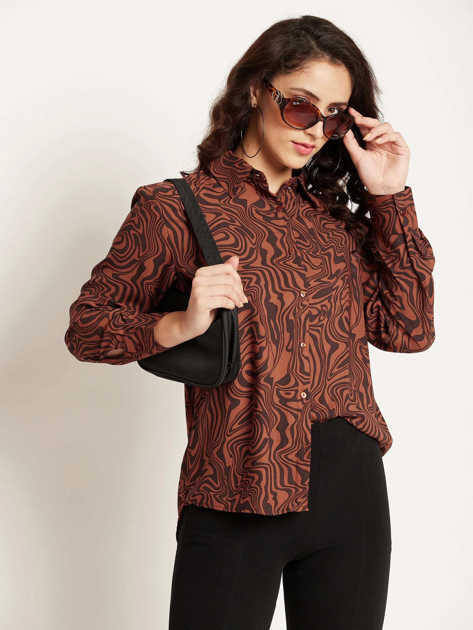 Madame Marble Print Button Up Chocolate Brown Shirt