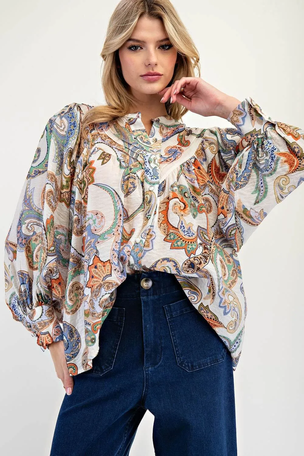 Majestic Paisley Bubble Sleeve Blouse