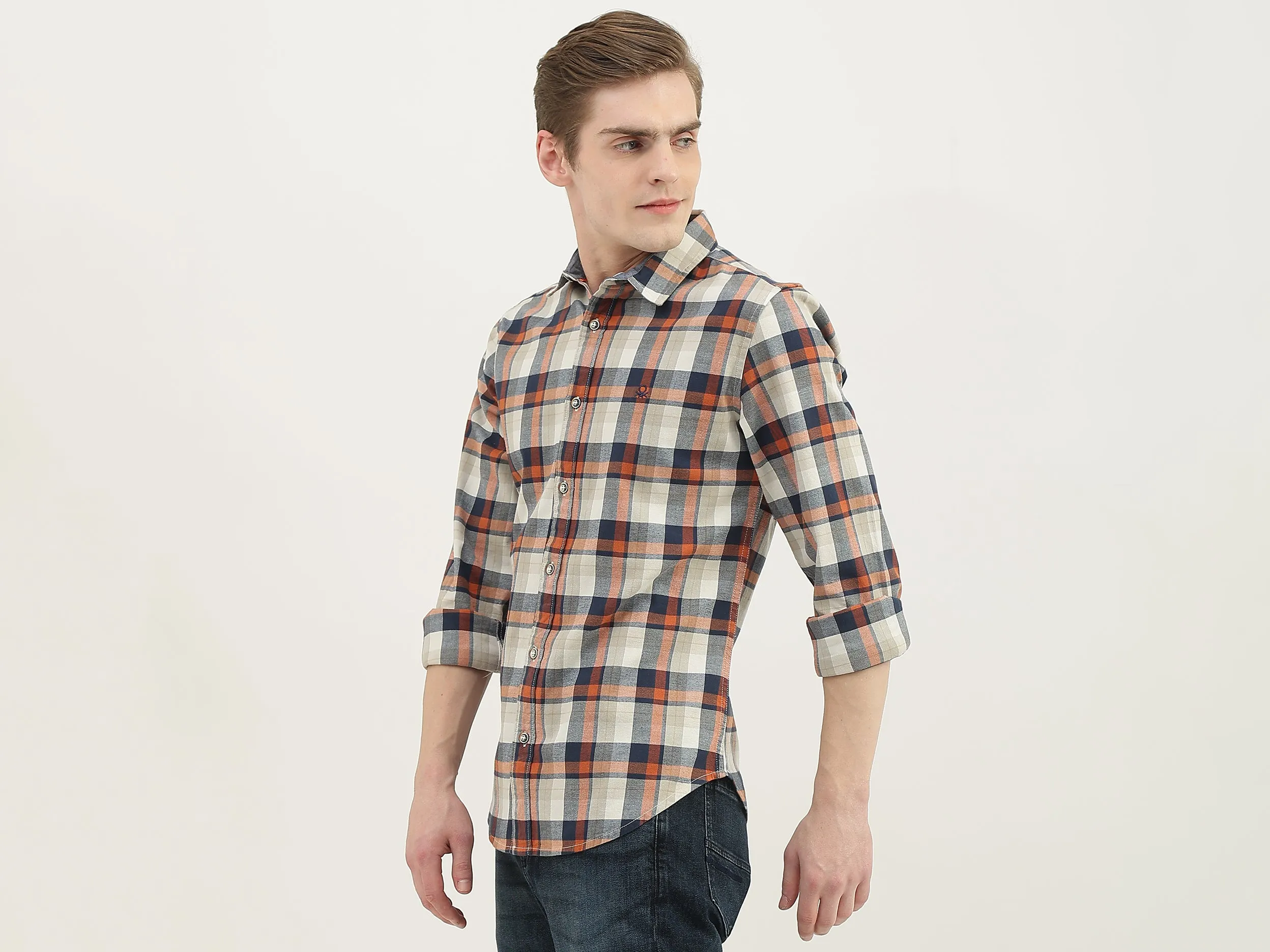 Men Checked Spread Collar Shirt