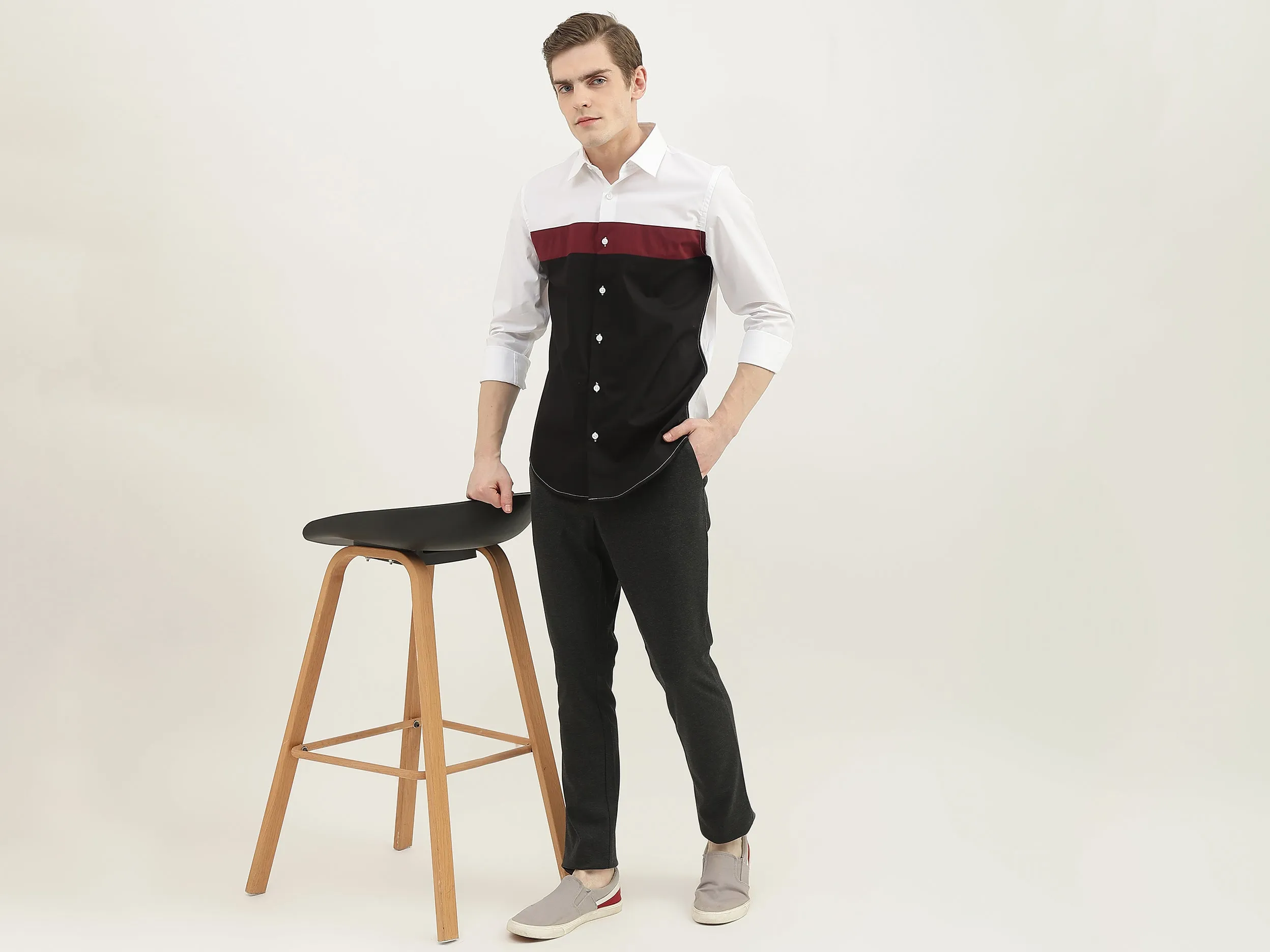 Men Colorblock Spread Collar Shirt