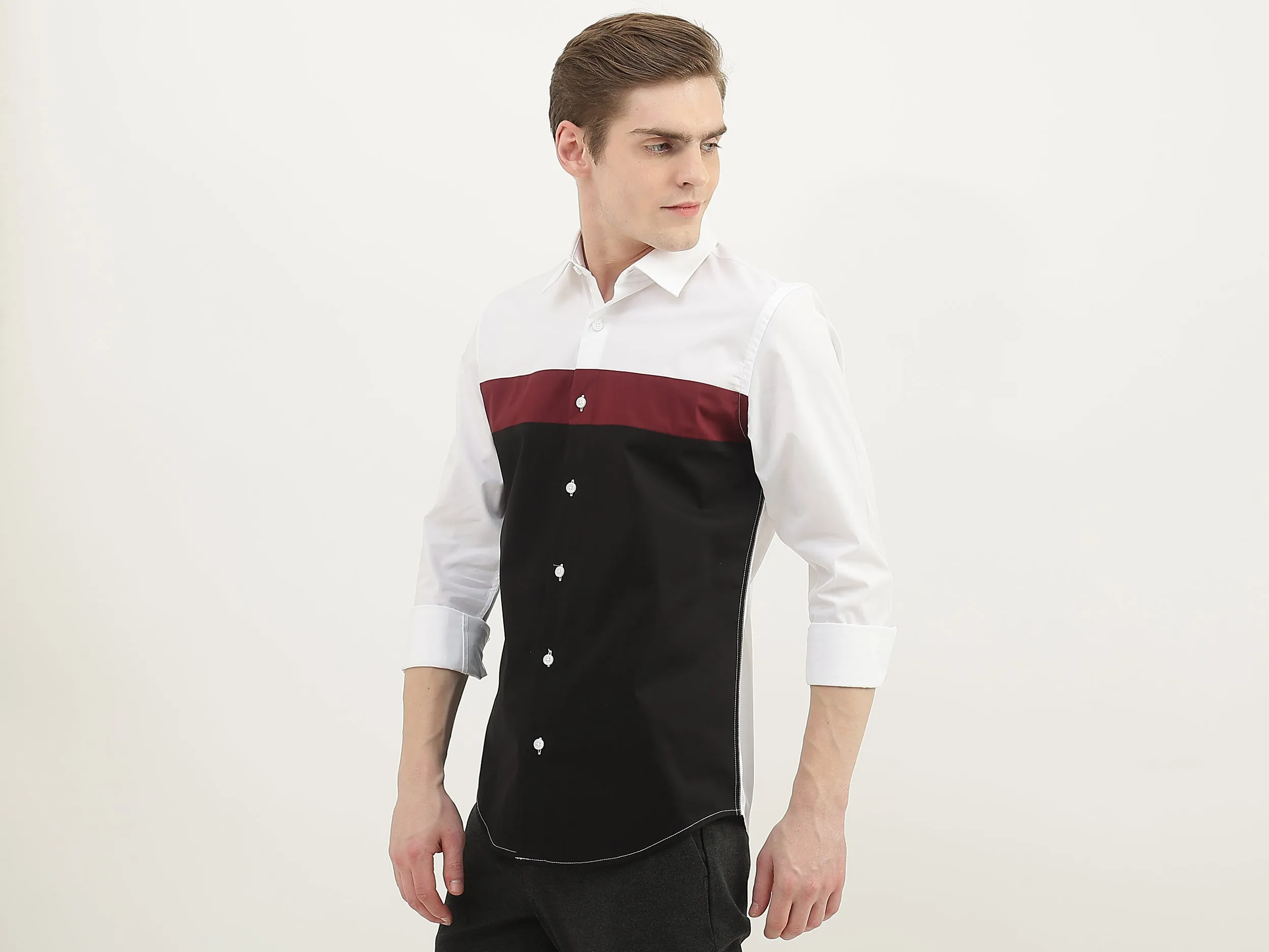 Men Colorblock Spread Collar Shirt