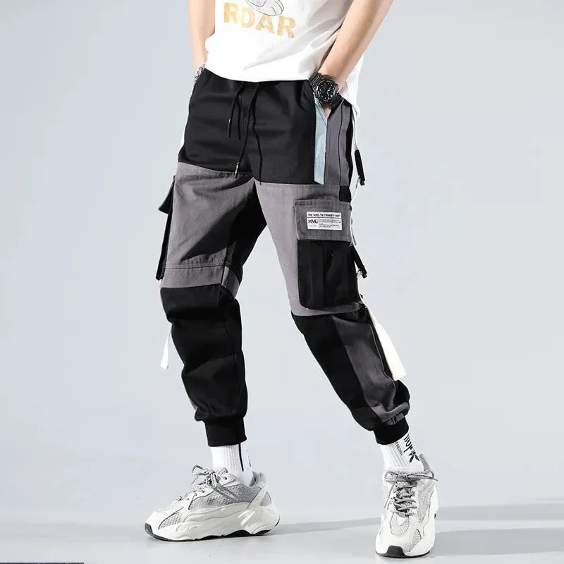 Men Drawstring Cargo Pants Classic Fit Letter Pocket Work Trousers