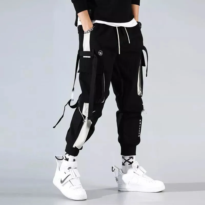 Men Drawstring Cargo Pants Classic Fit Letter Pocket Work Trousers