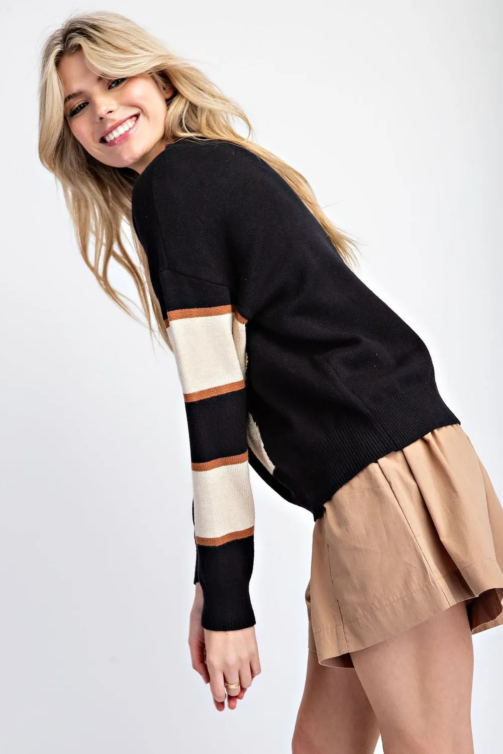 Nala Flower Striped Long Sleeve Sweater - Black