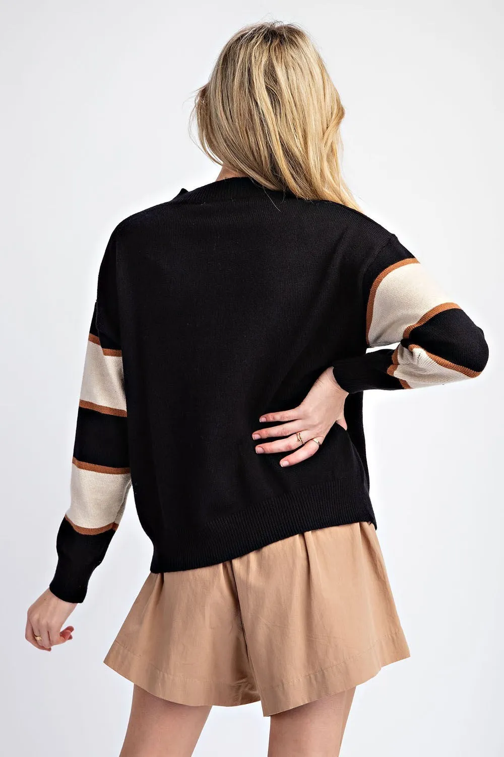 Nala Flower Striped Long Sleeve Sweater - Black