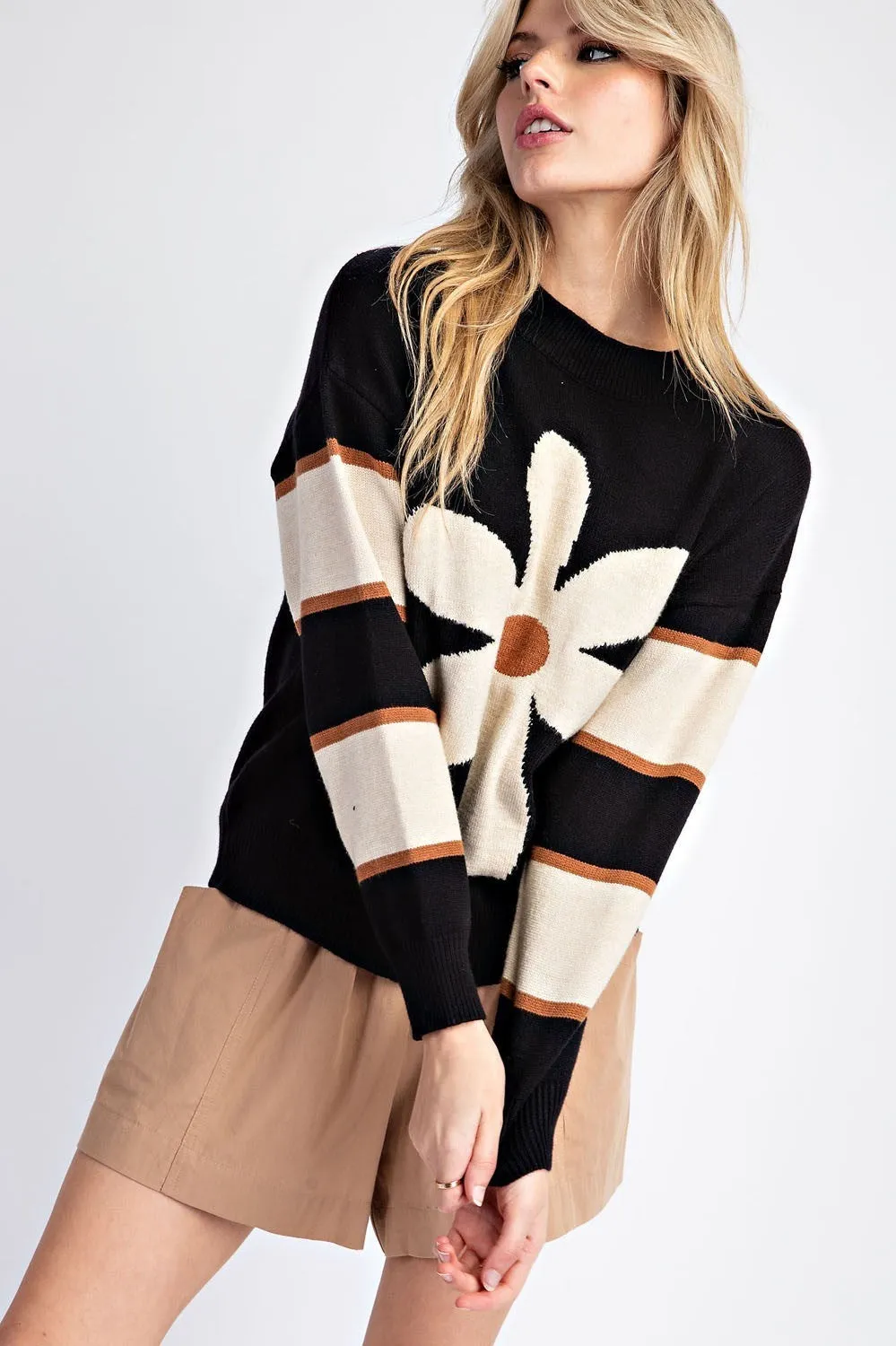 Nala Flower Striped Long Sleeve Sweater - Black