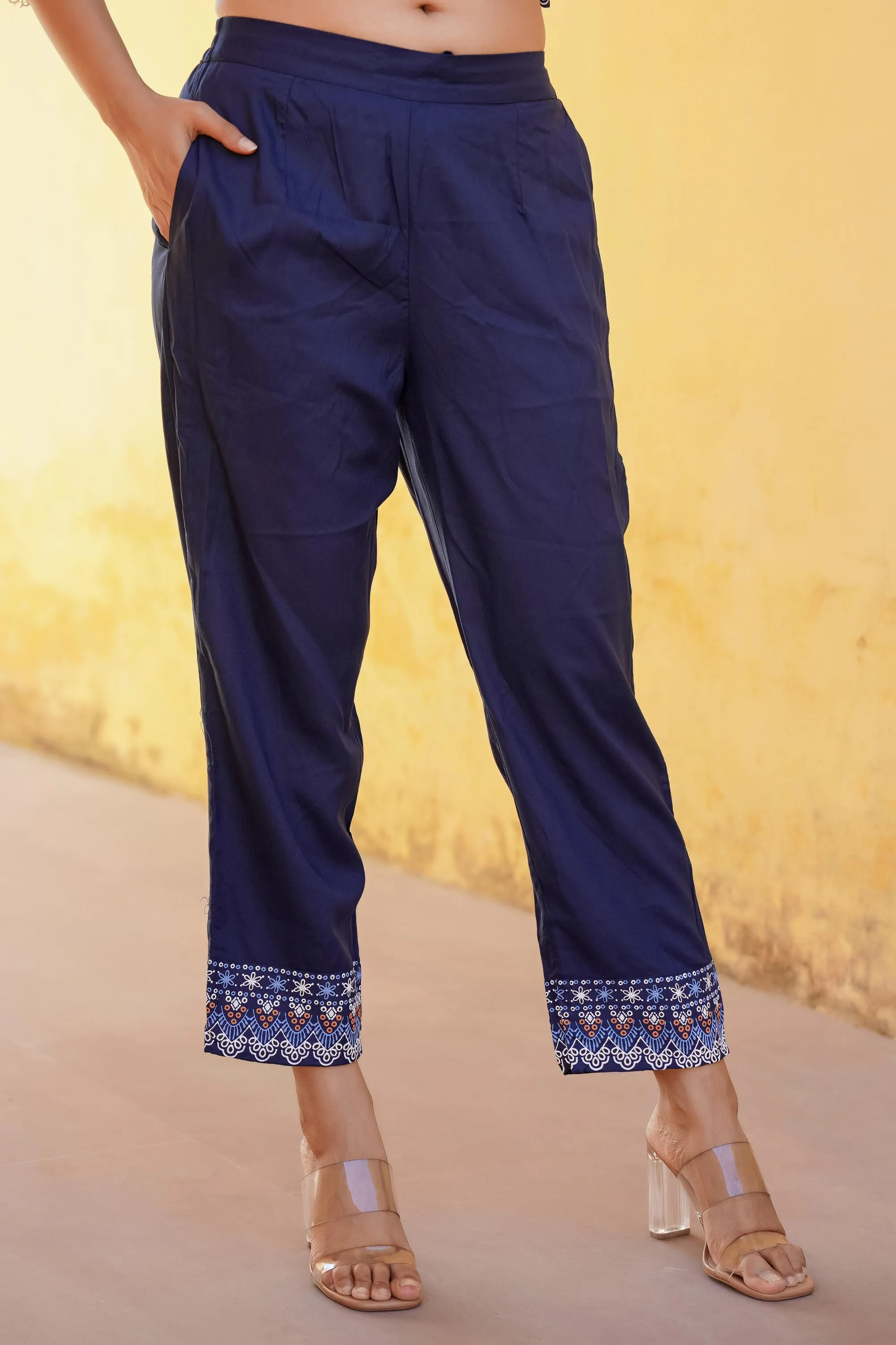 Navy Ethnic Motif Printed Viscose Kurta Pant And Dupatta Set With Sequins & Lace