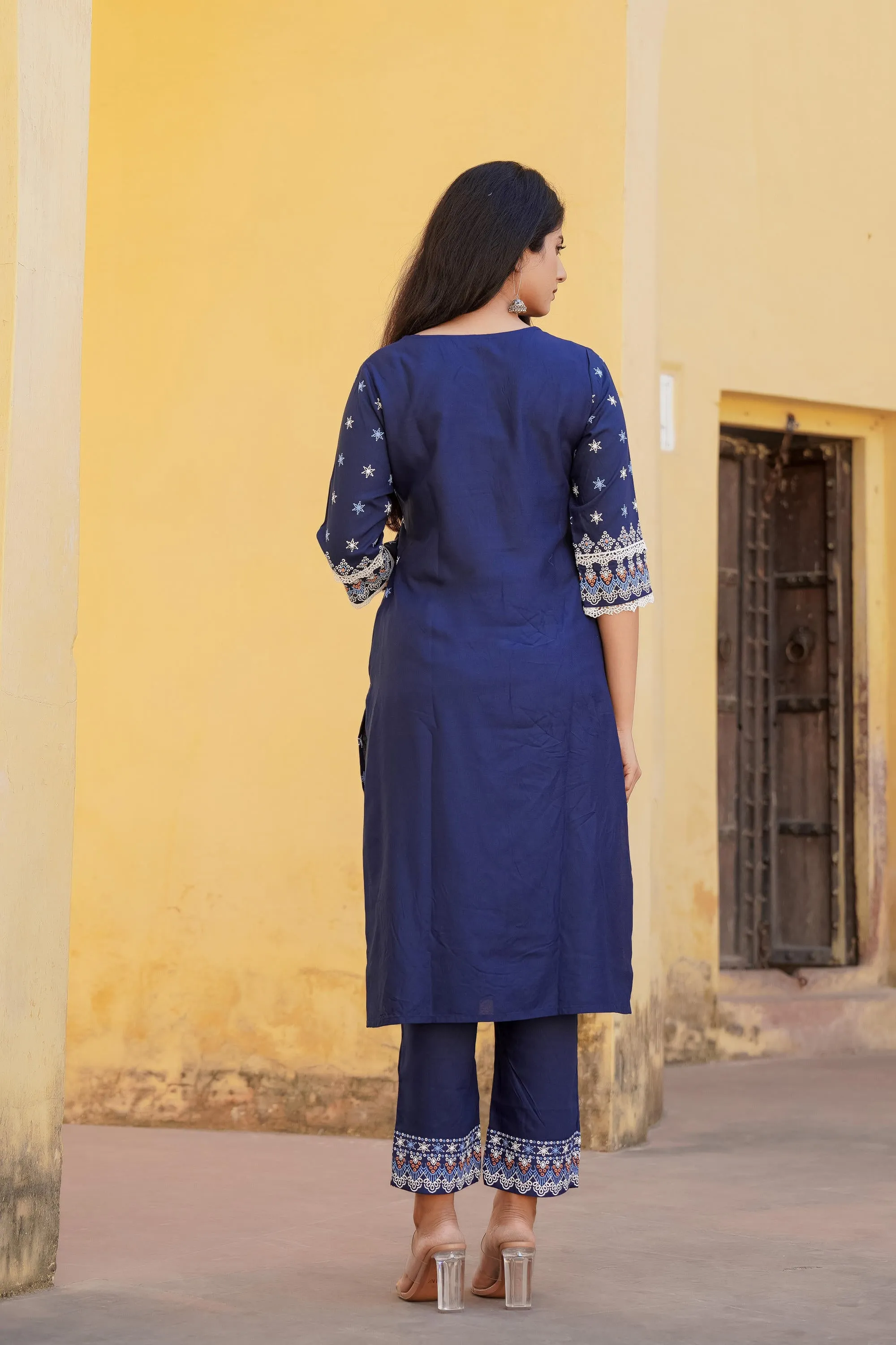 Navy Ethnic Motif Printed Viscose Kurta Pant And Dupatta Set With Sequins & Lace
