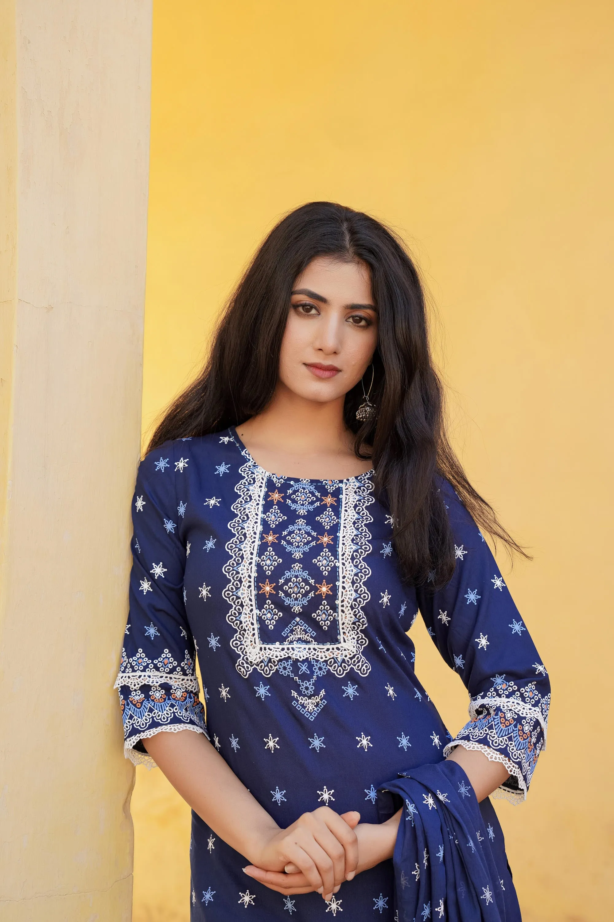 Navy Ethnic Motif Printed Viscose Kurta Pant And Dupatta Set With Sequins & Lace