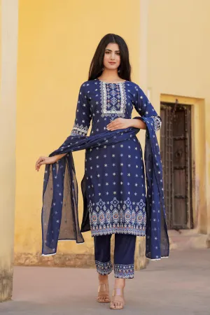 Navy Ethnic Motif Printed Viscose Kurta Pant And Dupatta Set With Sequins & Lace