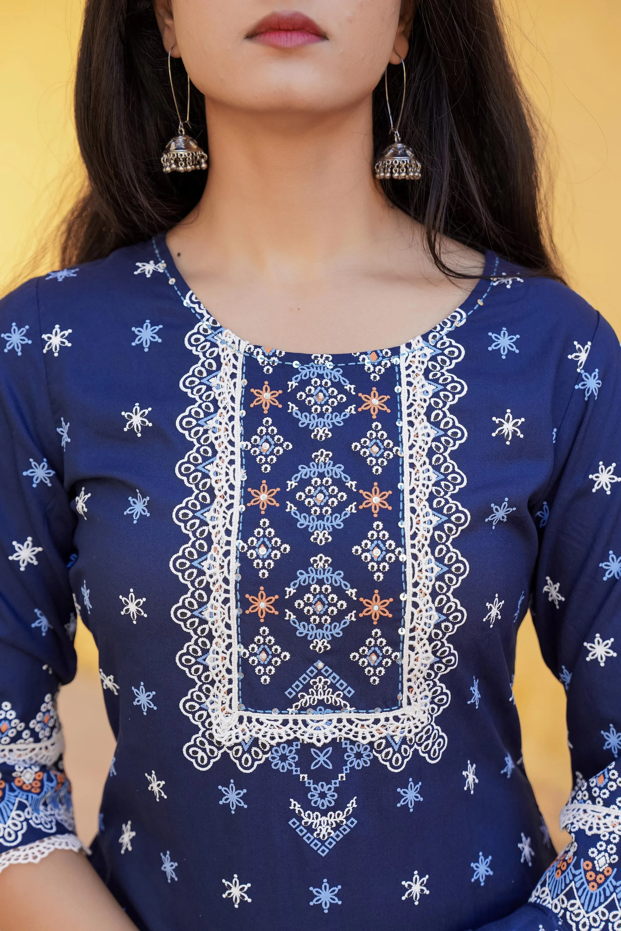 Navy Ethnic Motif Printed Viscose Kurta Pant And Dupatta Set With Sequins & Lace