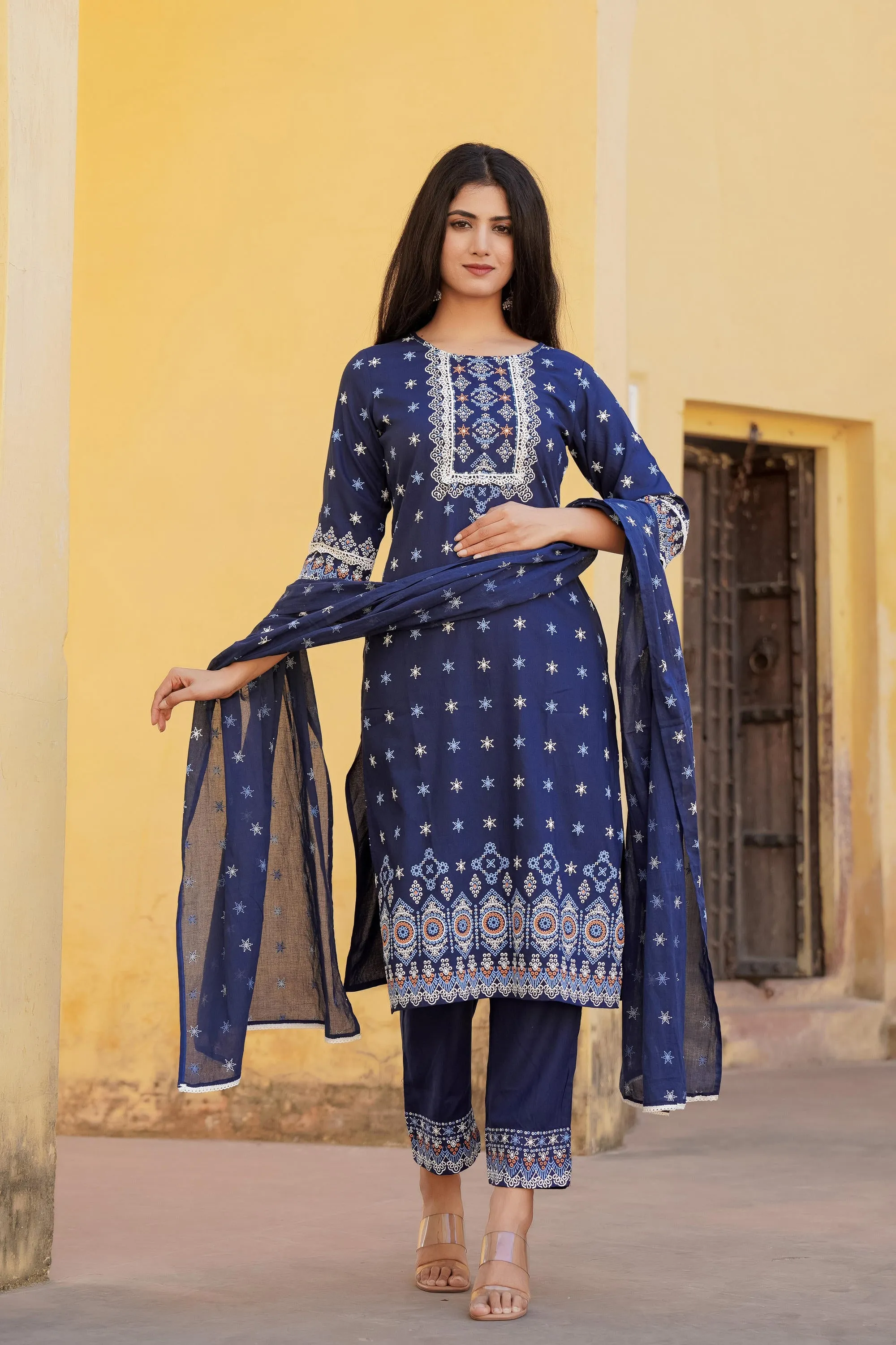 Navy Ethnic Motif Printed Viscose Kurta Pant And Dupatta Set With Sequins & Lace