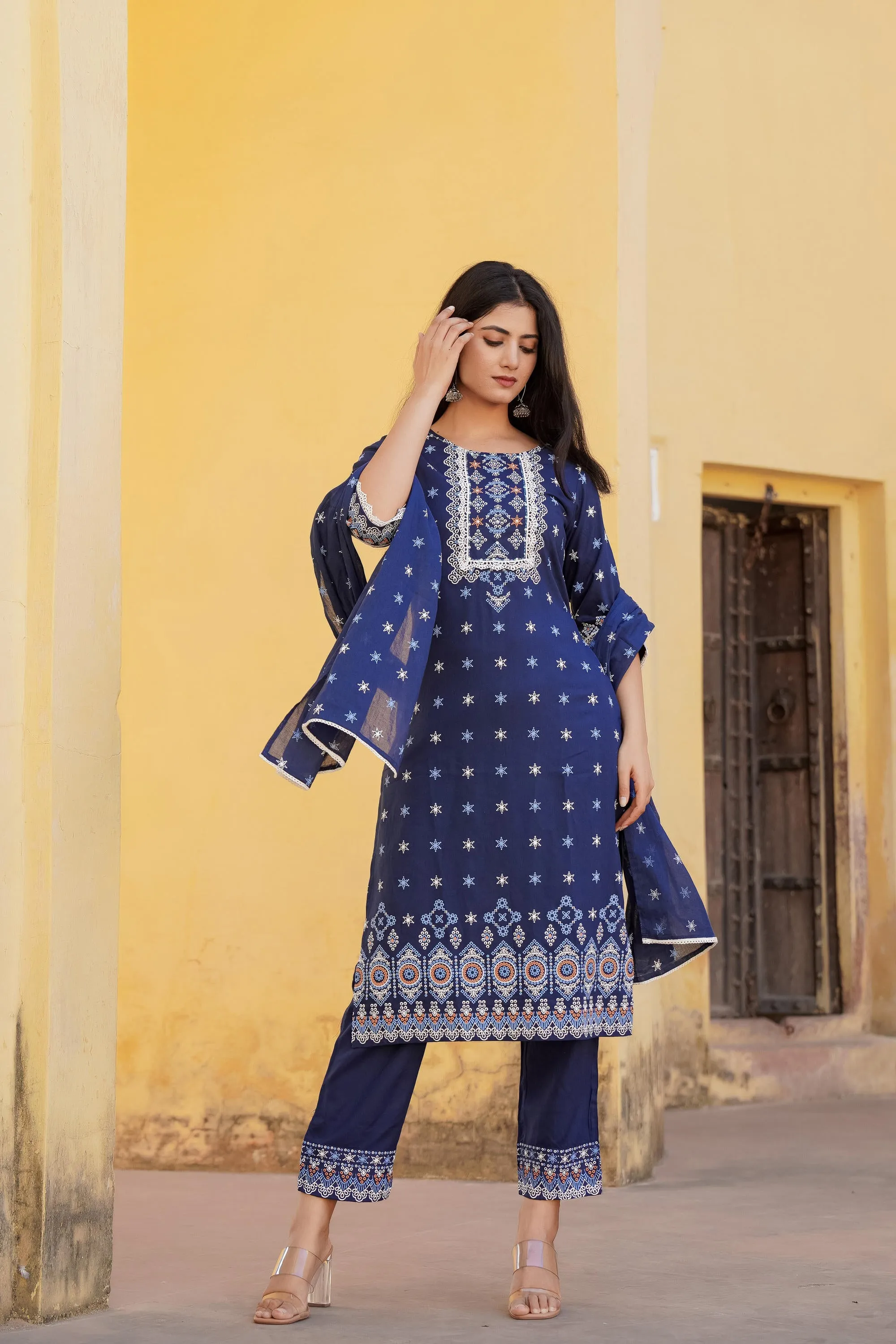 Navy Ethnic Motif Printed Viscose Kurta Pant And Dupatta Set With Sequins & Lace
