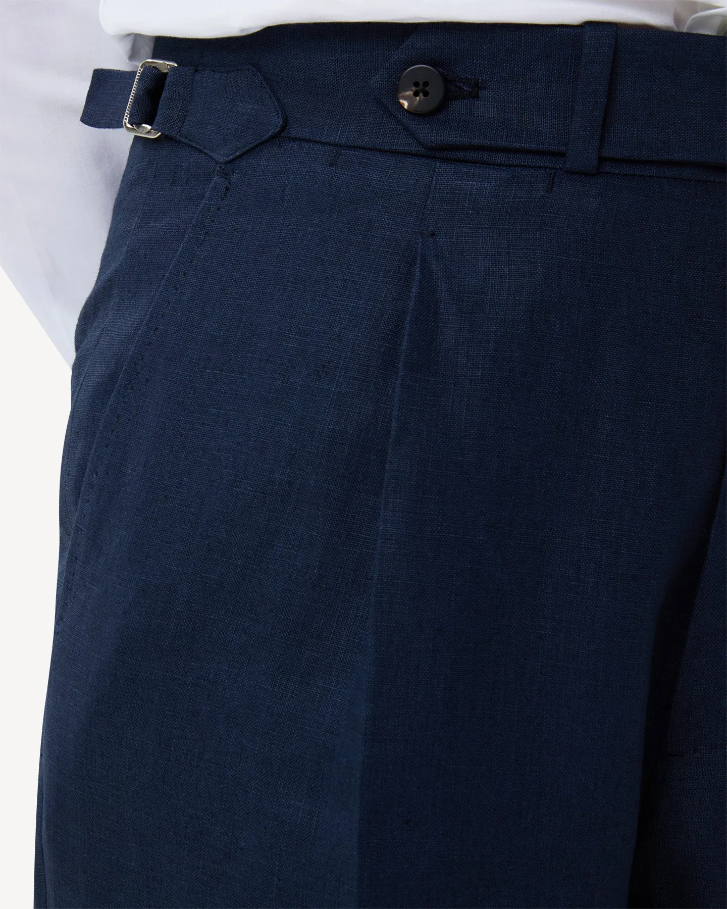 Navy Single Pleat Linen Trousers