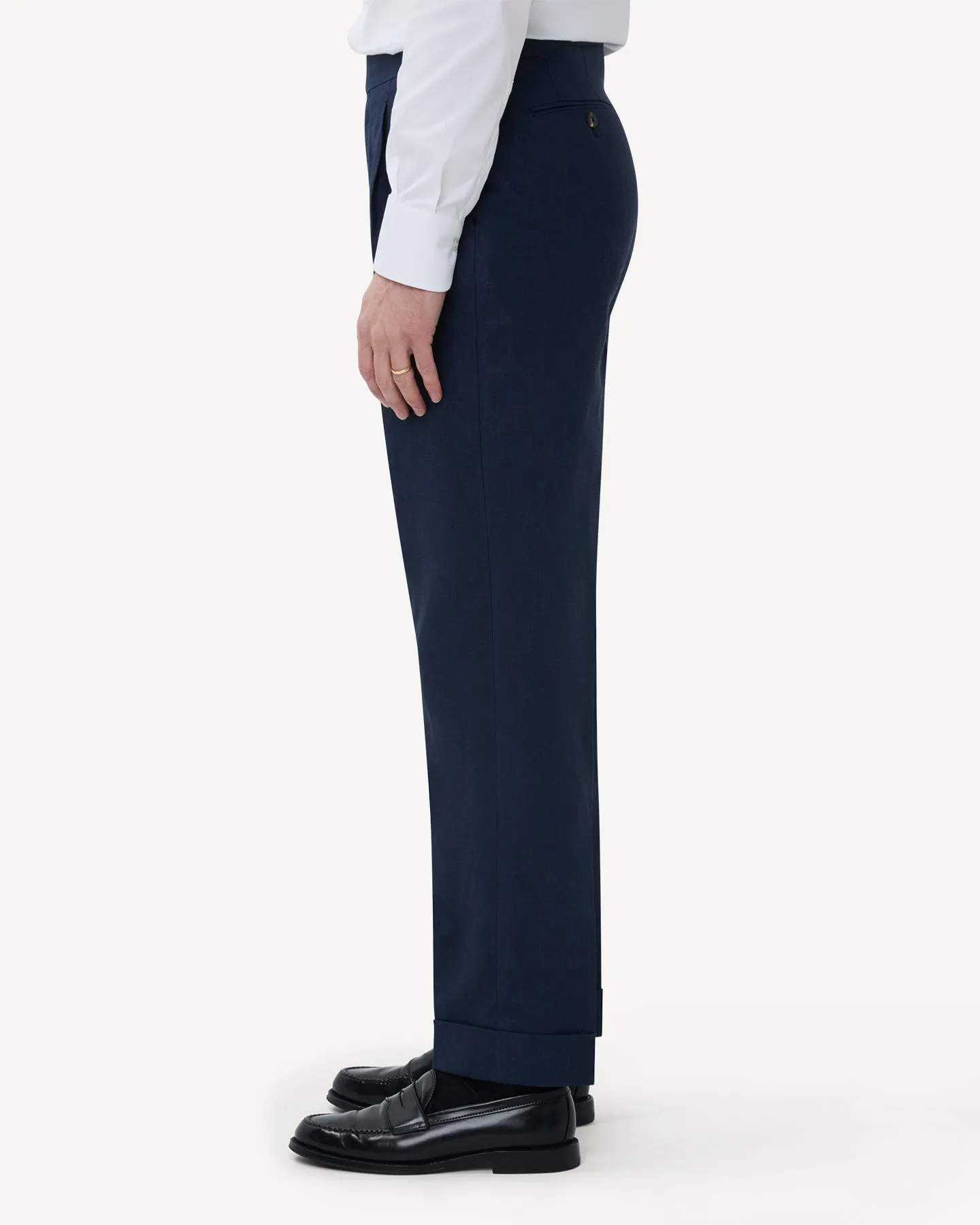 Navy Single Pleat Linen Trousers